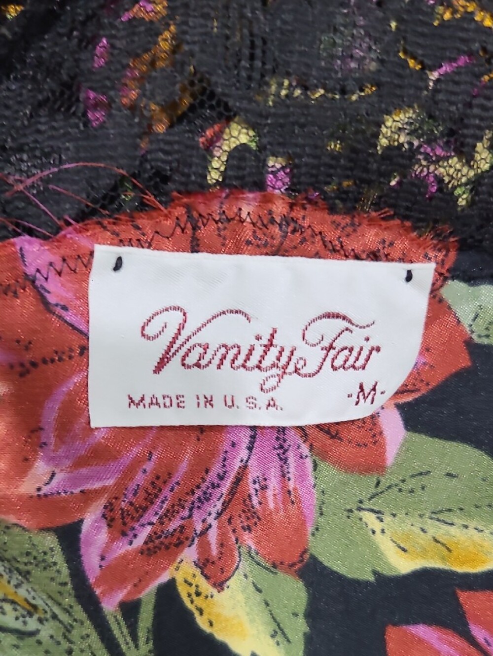 Vanity Fair Vintage Black Floral Lace Maxi Dress with Pink and Yellow Blooms - Picture 12 of 16